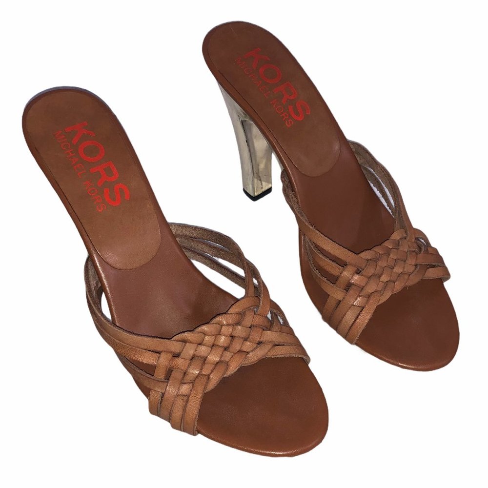 Michael Kors Tan Braided Gold Platform Mule Heels